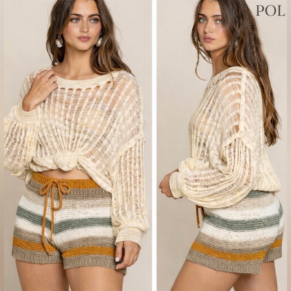 POL Crochet Knit Striped Shorts Size Large Boho Drawstring Fitted Summer Shorts